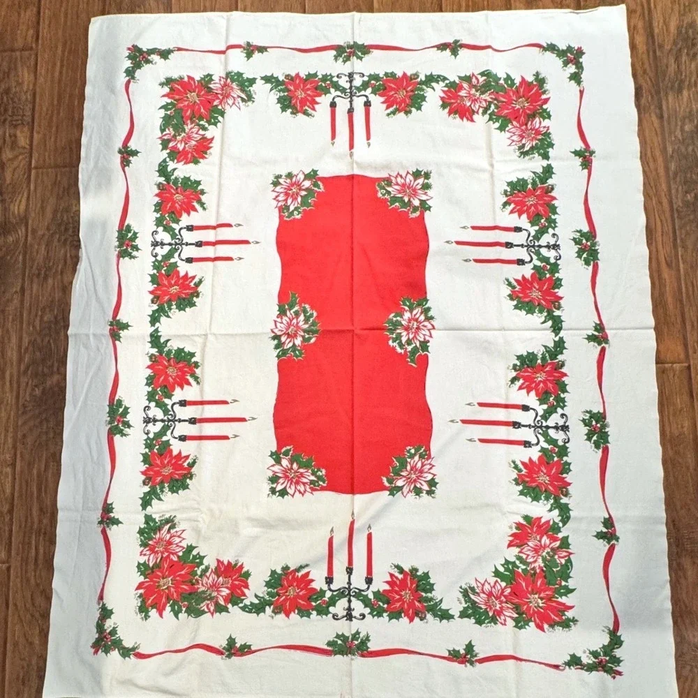 Vintage Christmas Tablecloth‎ Poinsettia Candelabra Red White Green 52x62